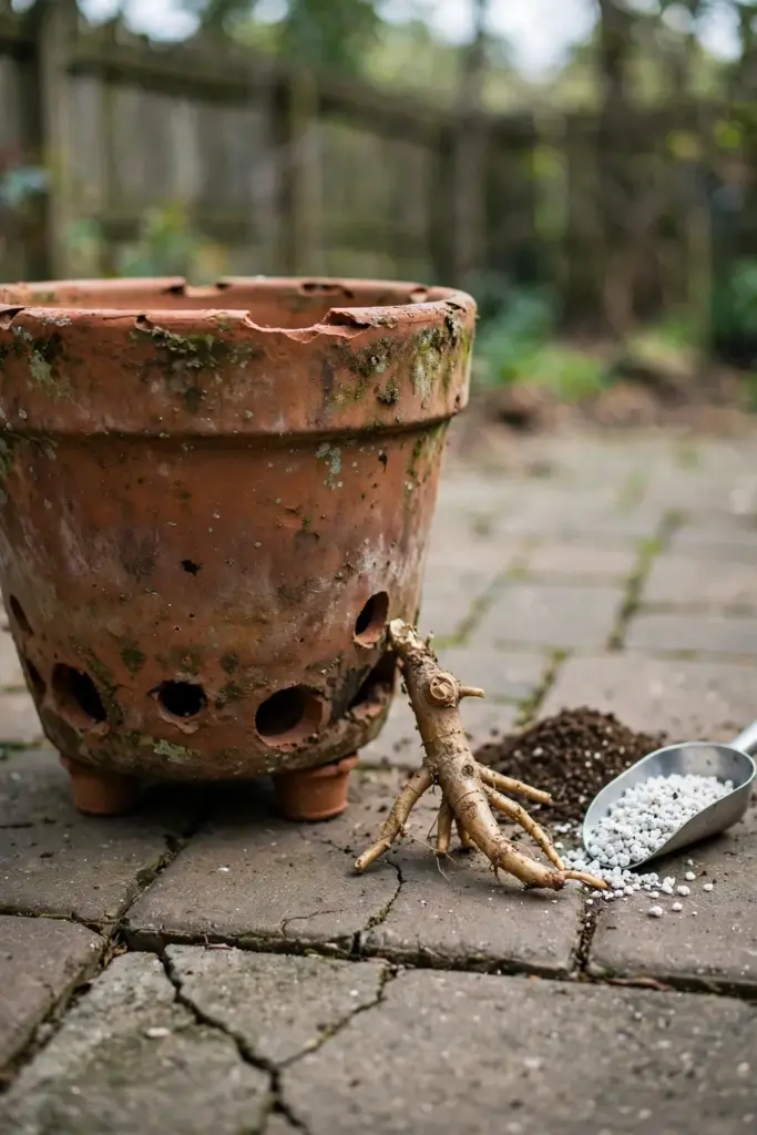 Large terracotta pot with drainage holes beside a fingerroot rhizome piece