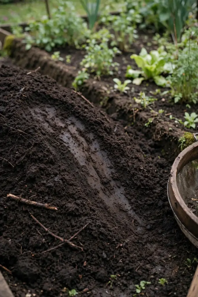 Heap of dark crumbly finished compost beside a garden bed