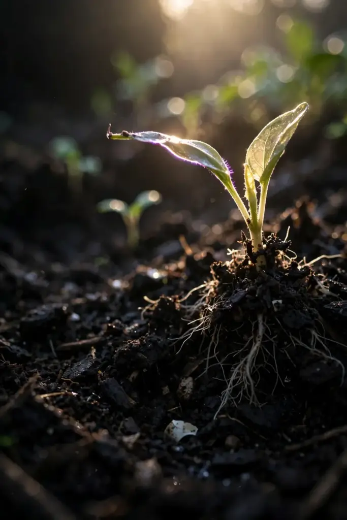Dark finished compost with a seedling emerging
