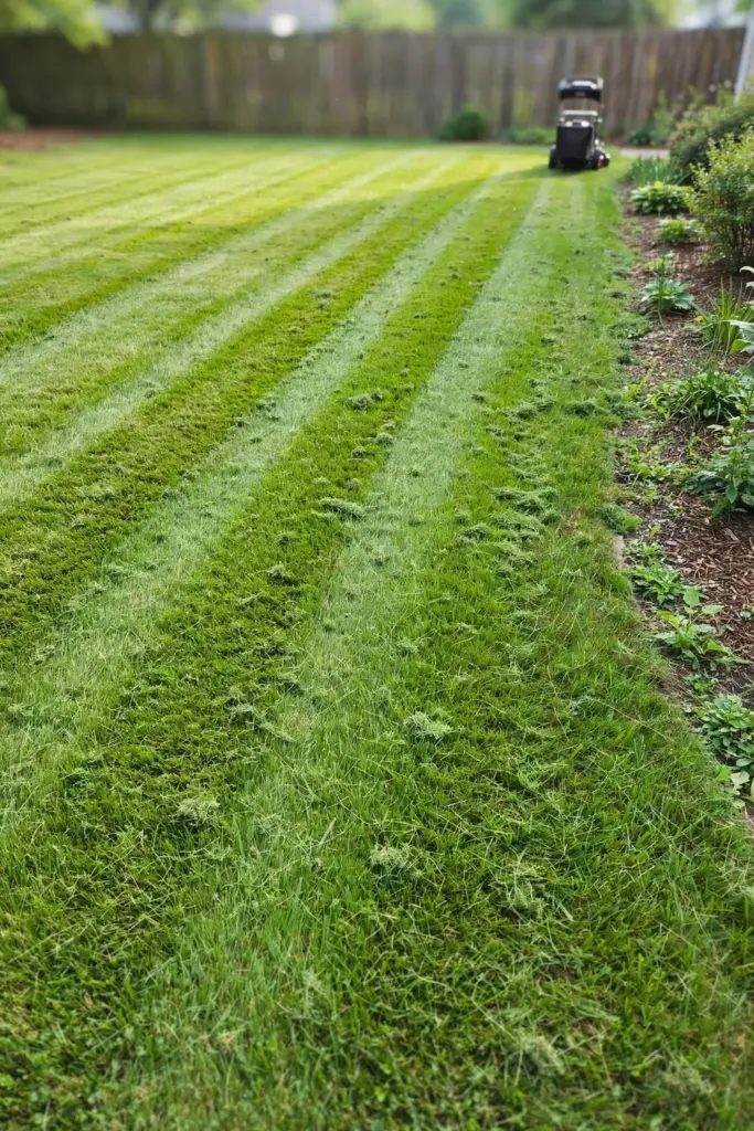 Freshly mowed warm-season lawn in morning light with a mower parked at the edge