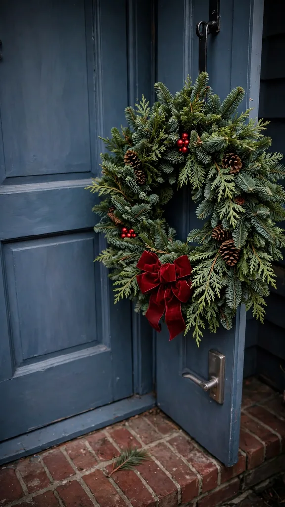 A finished evergreen wreath with red ornaments hanging centered on a front door