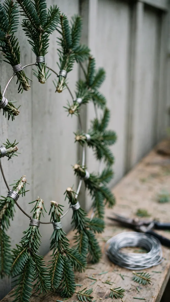 Bundles of noble fir stems wired to a round wire wreath frame on a workbench