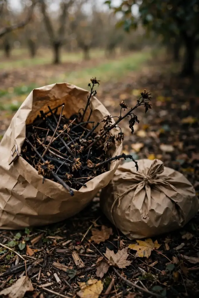 Bagged fire blight prunings ready for trash beside an apple tree.