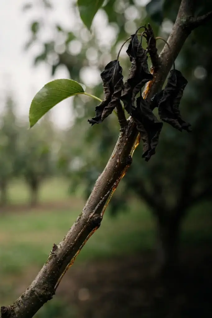 Blackened fire blight leaves still attached to a pear branch.