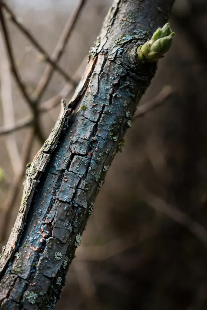 Dormant apple bark dusted with a faint bluish copper spray film.