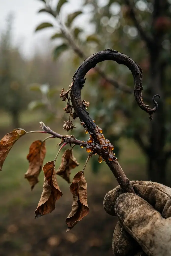 Shepherd's crook shoot tip with blackened blossoms, held by a worn garden mitt.