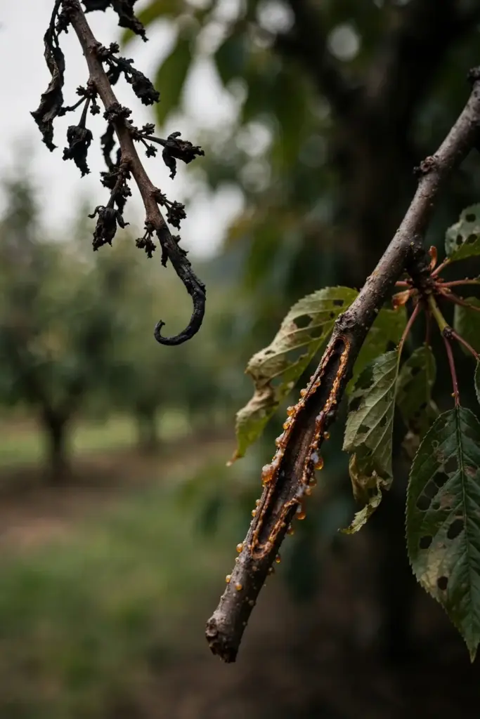 Fire blight branch beside a bacterial canker branch for comparison.