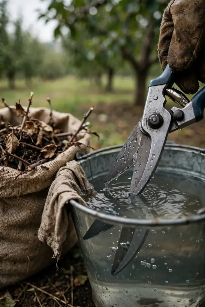 Pruning shears dipped in disinfectant in a bucket between cuts.