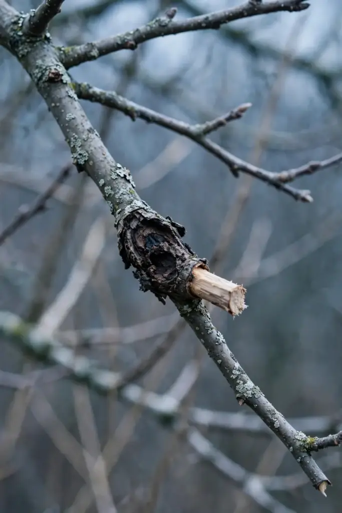 Dormant apple branch with a fire blight canker and a short stub cut.