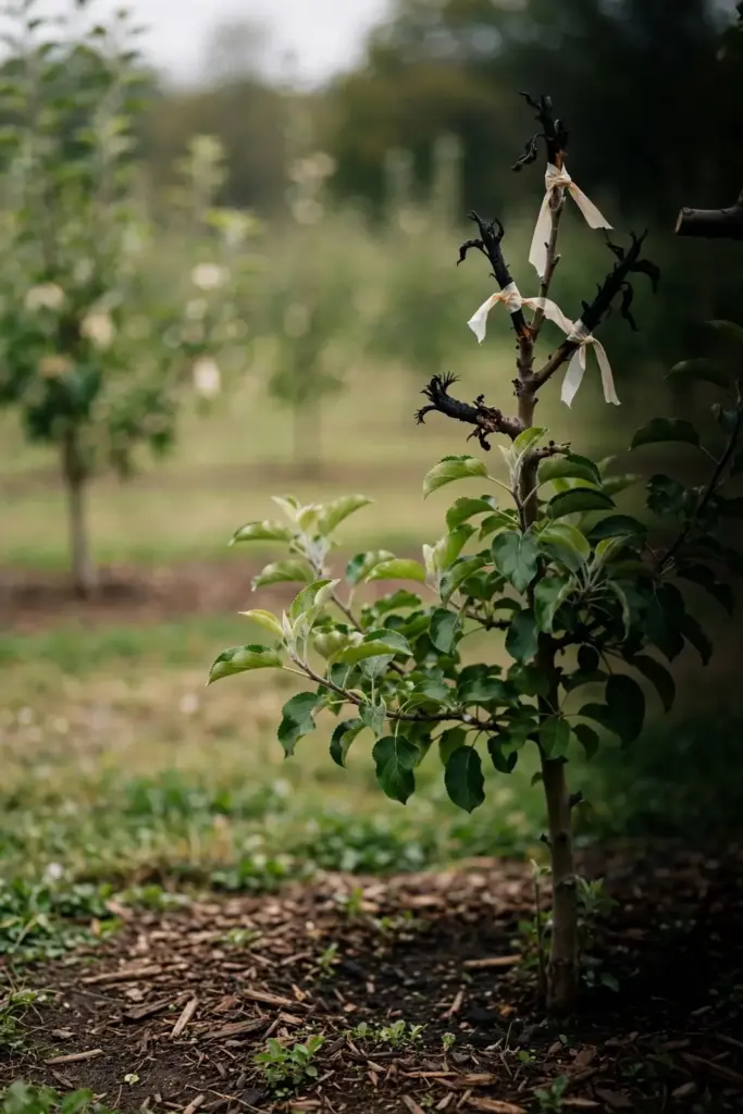 Young apple tree with fire blight strikes flagged with tape for triage.