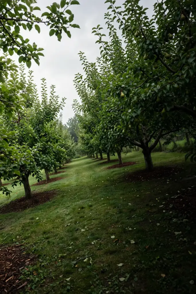 Healthy backyard orchard path with apple and pear trees on both sides.