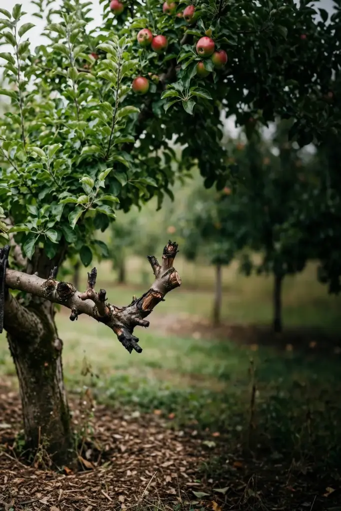 Mature apple tree with a full green canopy after fire blight pruning.