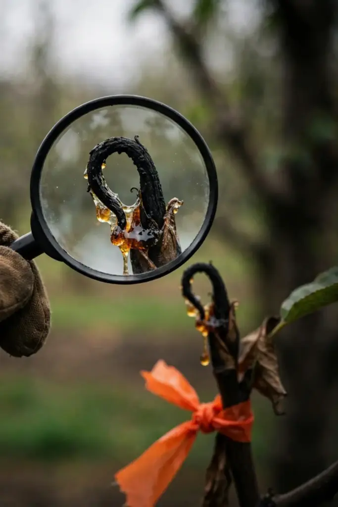 Magnifying glass enlarging a blackened fire blight shoot tip and ooze.