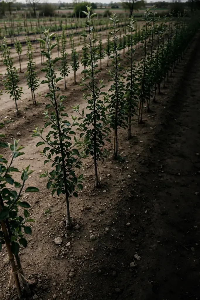 Nursery row of young resistant apple trees in a clean bed.