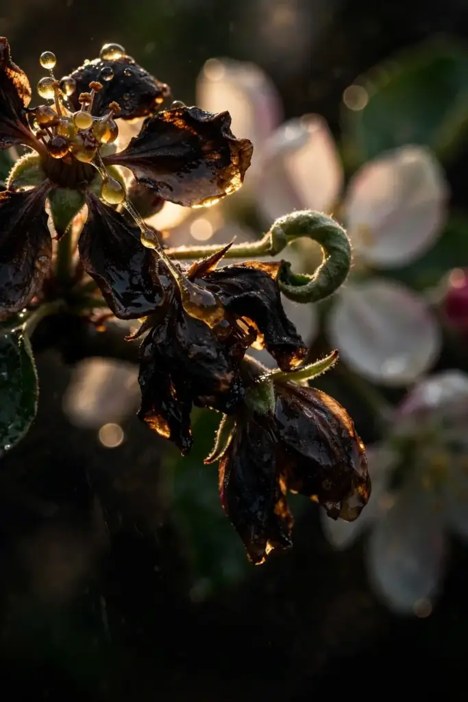 Amber bacterial ooze beading on a blackened apple blossom cluster.