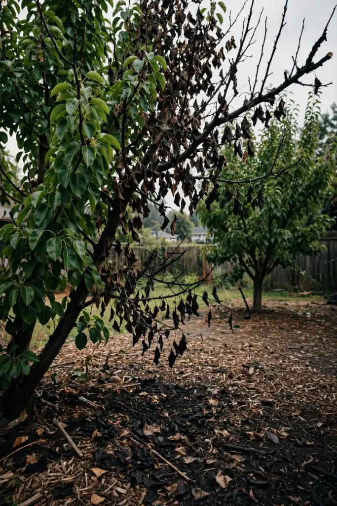 Pear tree with fire blight dieback on one side and healthy foliage on the other.