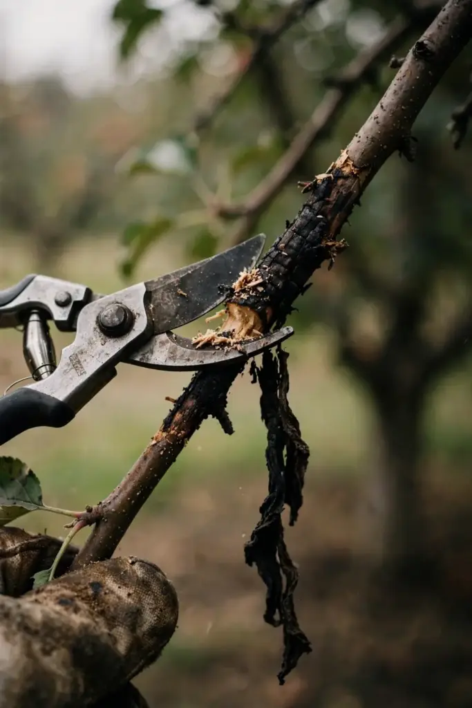 Pruning shears cutting a blighted apple branch below blackened bark.