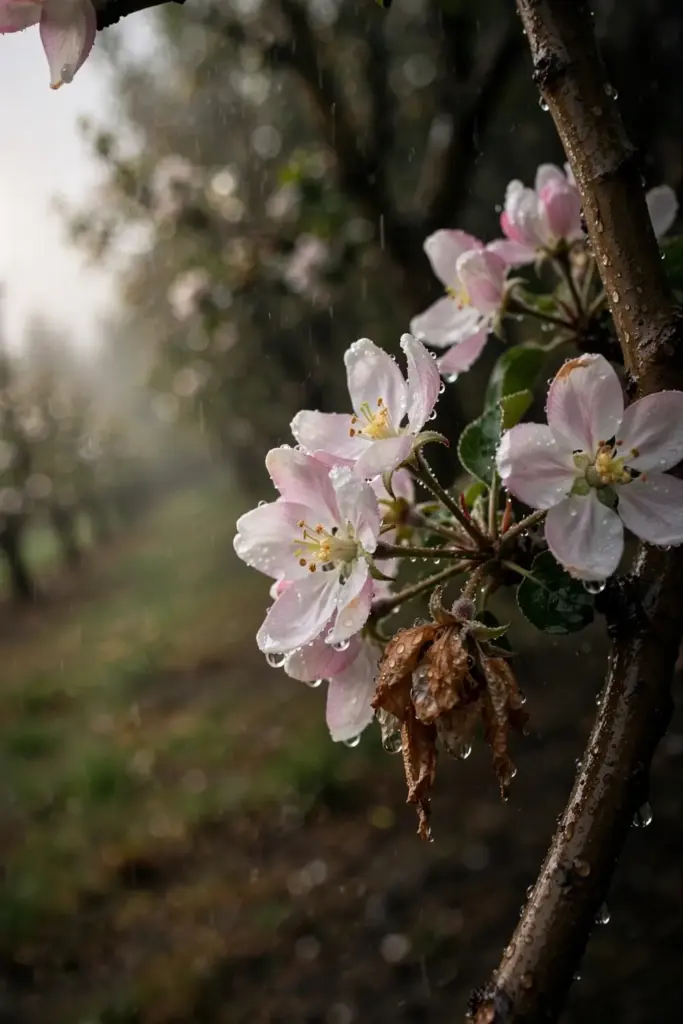 Apple blossoms beaded with rain during a warm wet bloom.