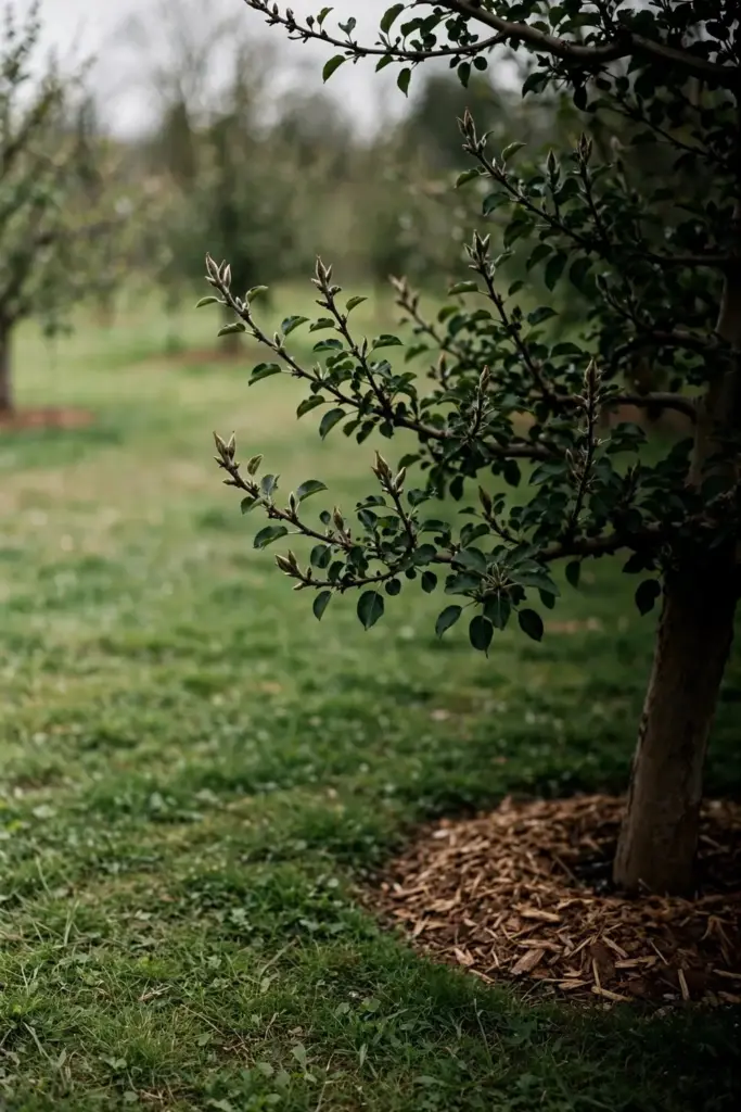 Steady-growth apple tree with short shoots, set buds, and a mulch ring.
