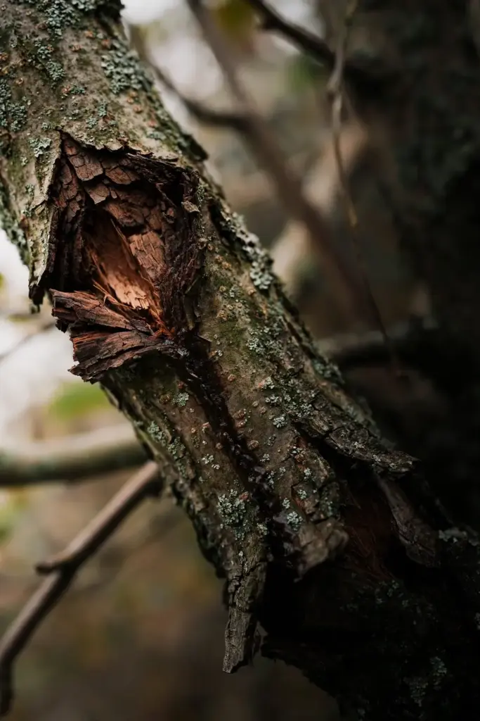 Sunken fire blight canker on apple bark with reddish wood beneath.