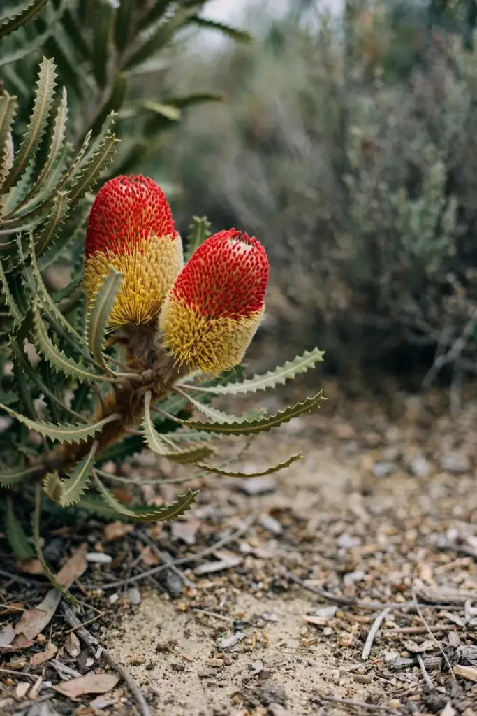 Firewood banksia with two-toned red and yellow acorn-shaped spikes