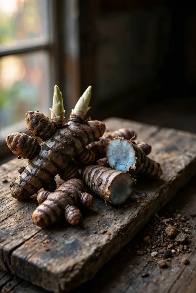 Firm black turmeric rhizome pieces with pointed shoot buds on a board