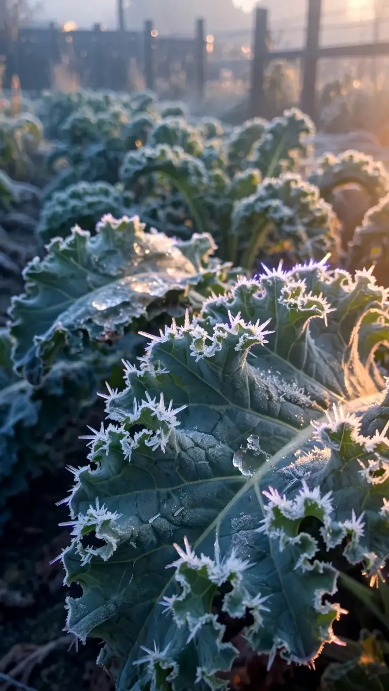 First frost crystals on kale leaves at sunrise