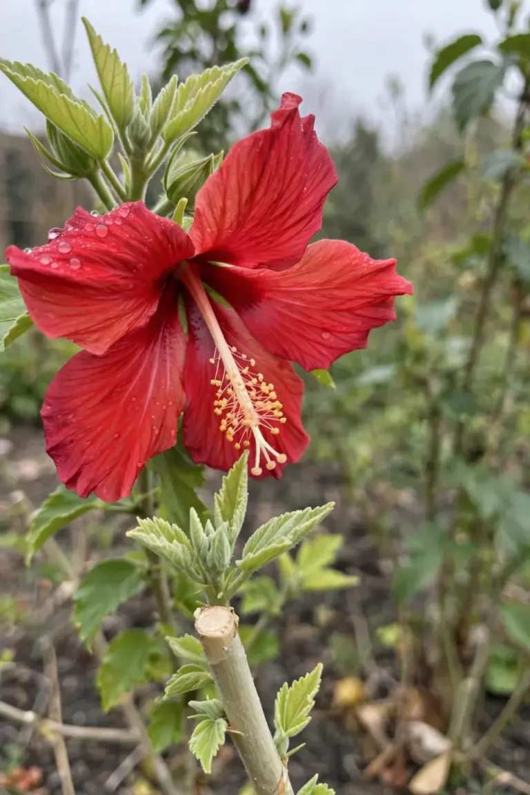 First fully open red hibiscus bloom on new spring growth after a hard winter pruning