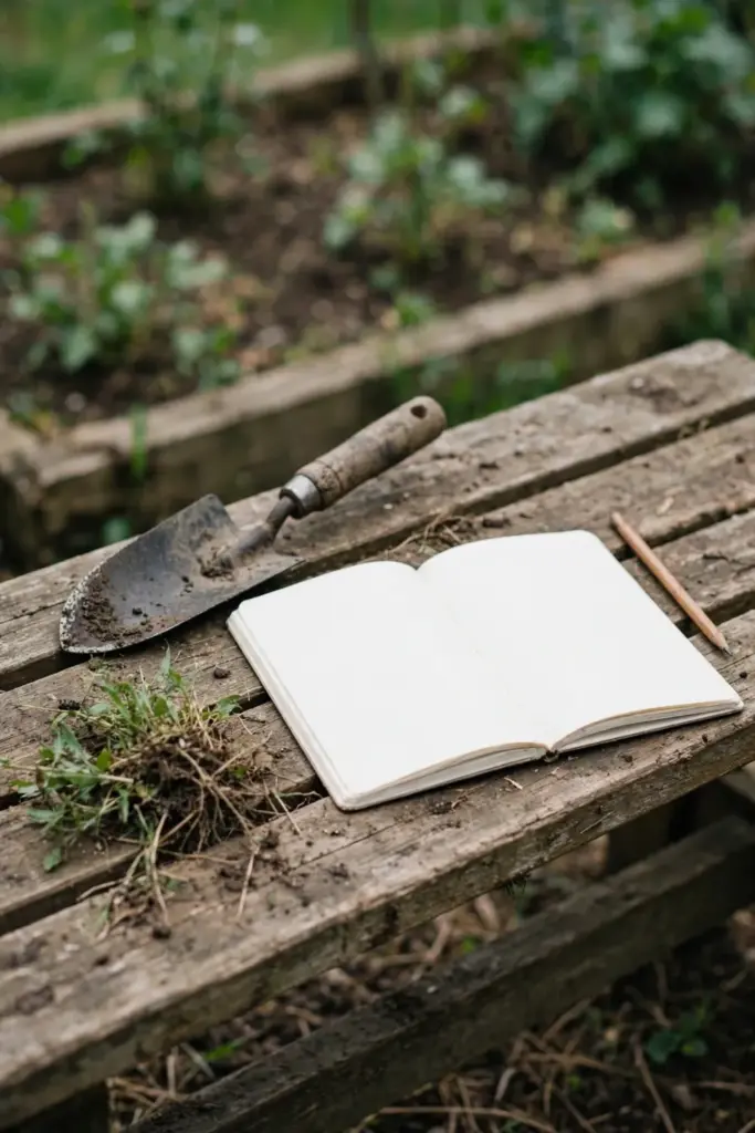 Notebook with a weekly garden plan beside a trowel