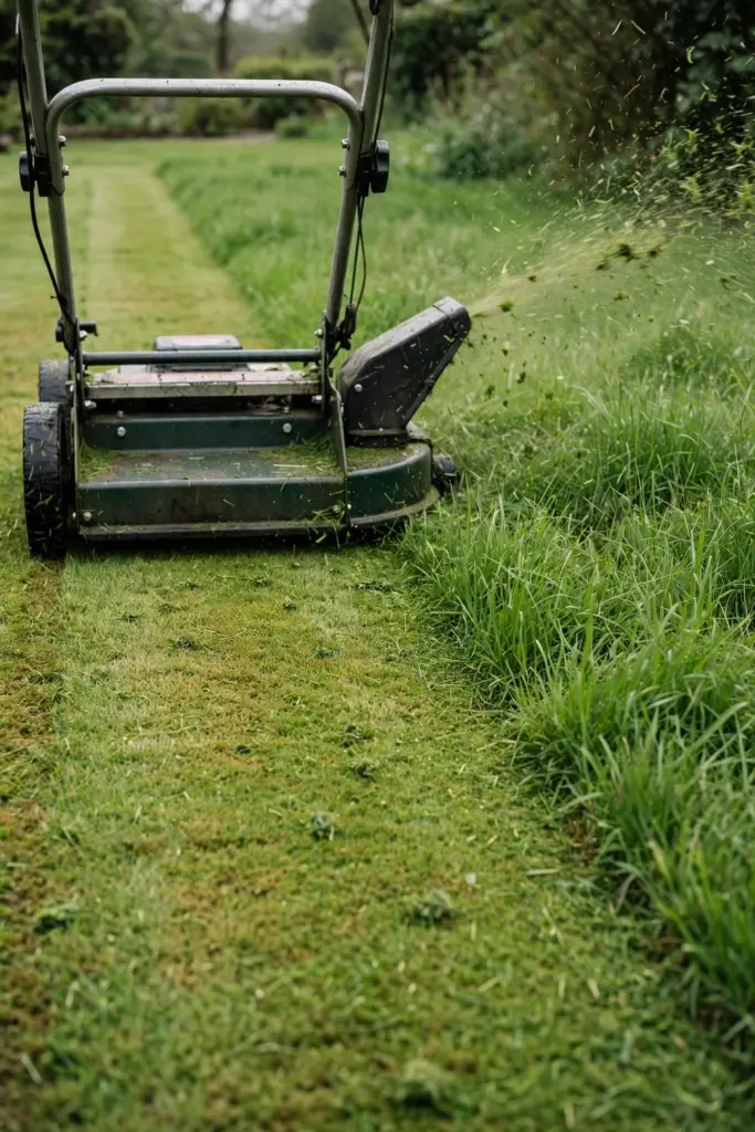 Rotary mower cutting high over a repaired lawn with fresh growth