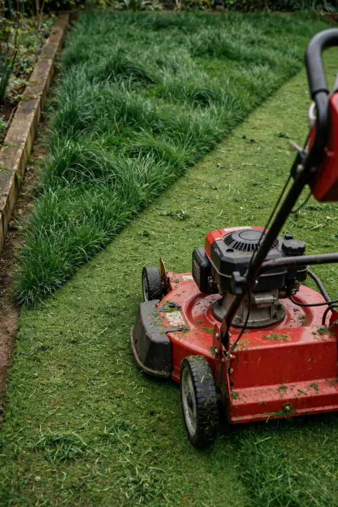 Rotary mower trimming the tips of new Kikuyu turf with short clippings