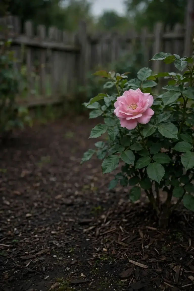 Single healthy rose bush in a sunny bed with one open bloom and mulch around the base