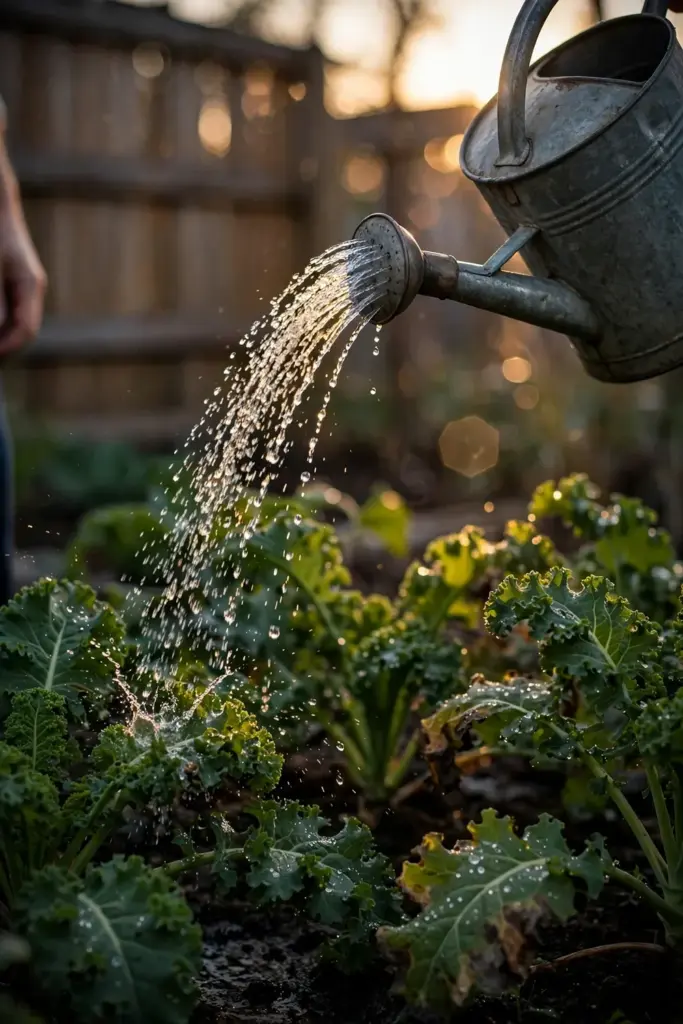 Watering can pouring diluted feed onto kale, droplets frozen mid-air