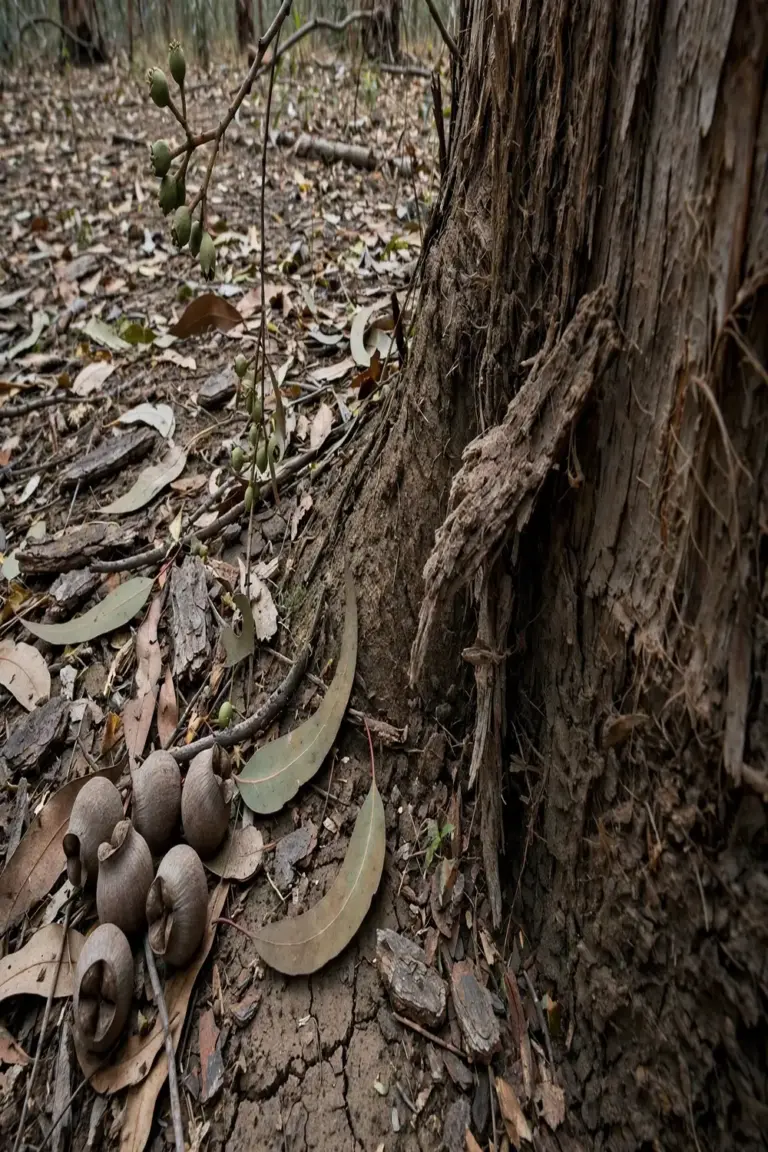 Gum tree trunk base with bark, fallen gumnuts, and adult leaves on the ground
