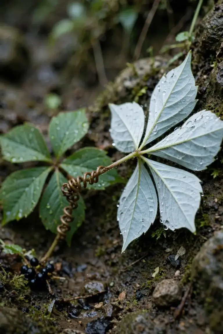 Five-leaf water vine leaf showing a blue-white underside