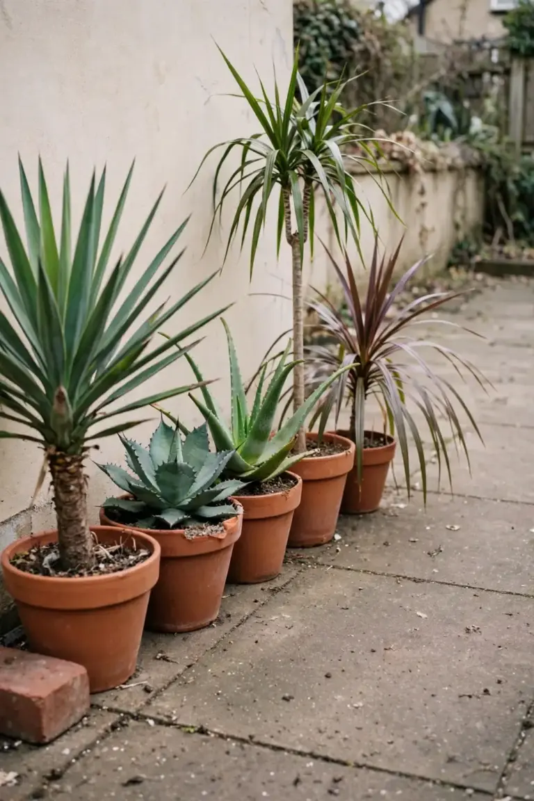 Five spiky plants in pots in a row: yucca, agave, aloe, dracaena, and cordyline