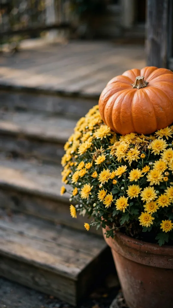 A flat-bottom pumpkin resting on top of a standard planter of mums