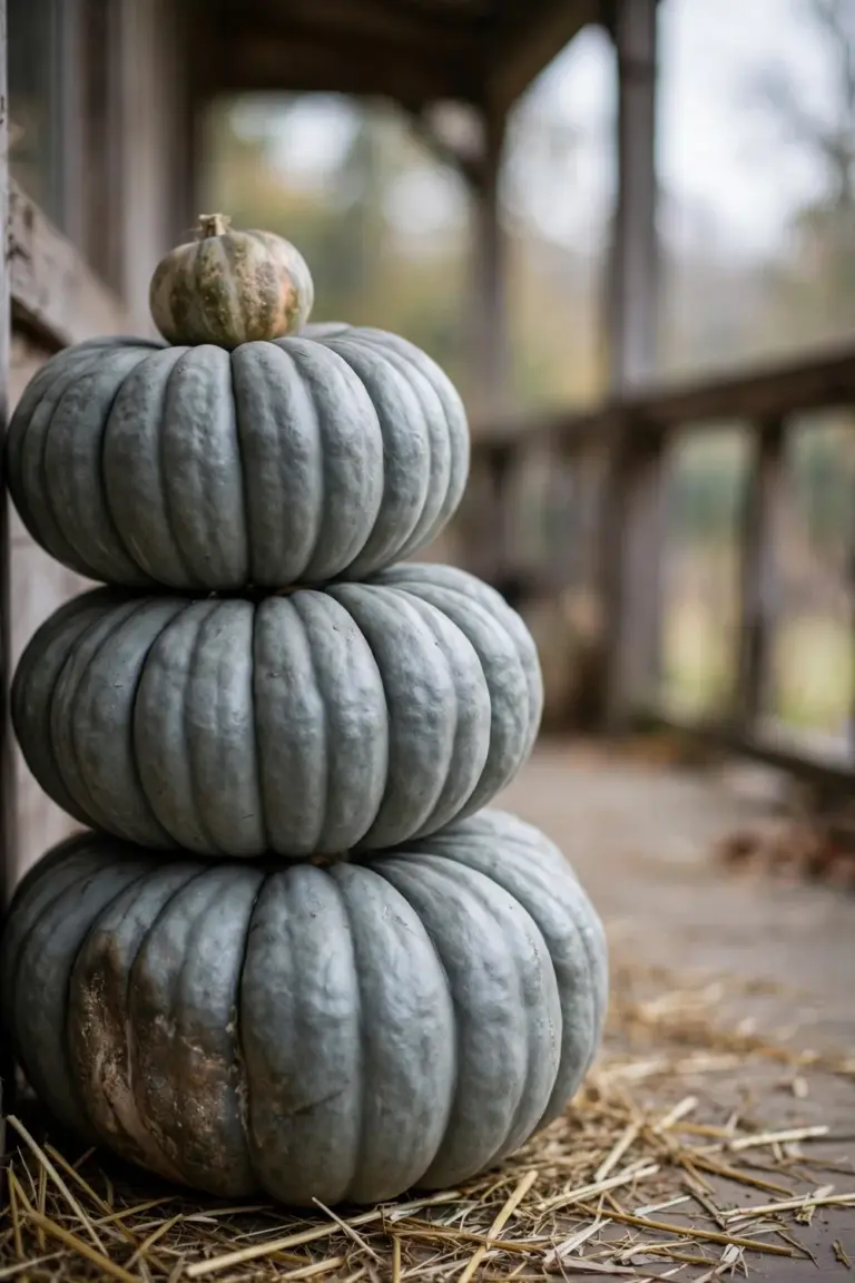 Three flat, deeply ribbed 'Cinderella' pumpkins stacked into a totem
