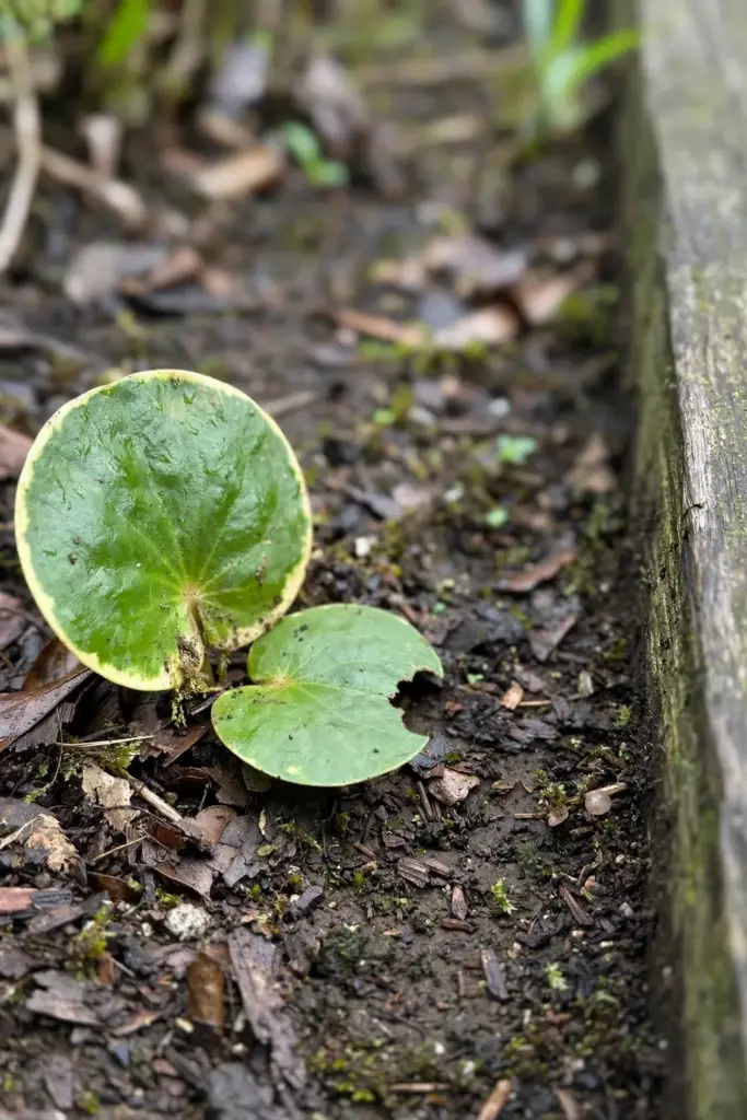 Kencur rosette from the side showing leaves meeting the soil with no stem