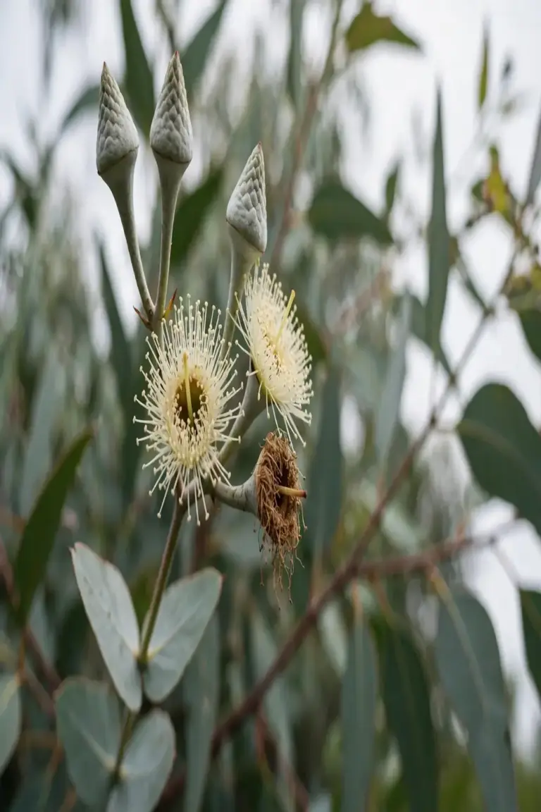 Flat-topped corymb spray of eucalypt buds and open flowers