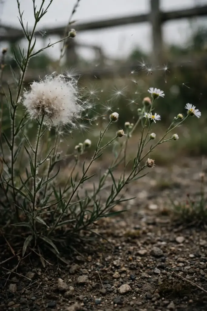 Fleabane tall hairy stems with small daisy flowers and fluffy seed heads