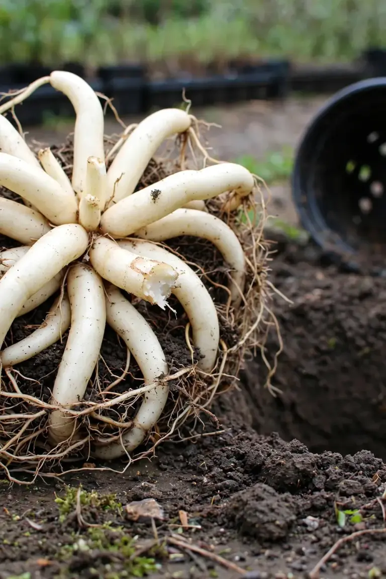 Fleshy cream storage roots of alstroemeria radiating from a central crown beside a planting hole