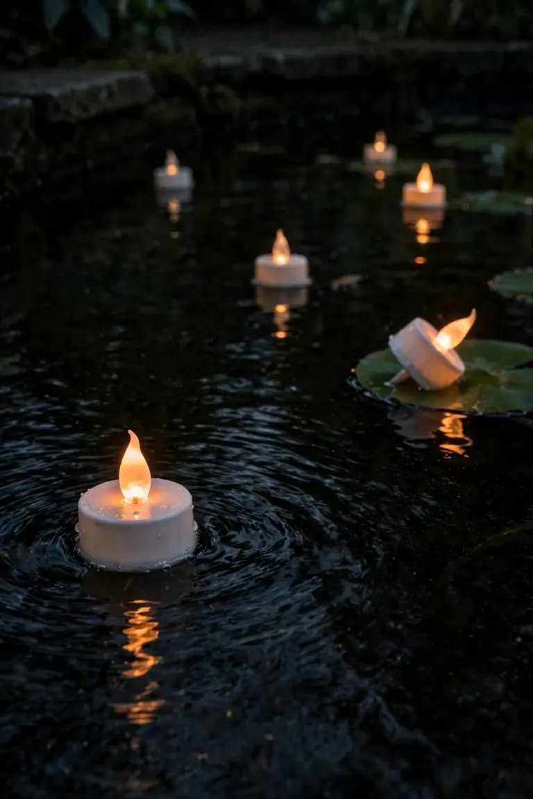 Small LED candles floating on the dark water of a garden pond at night