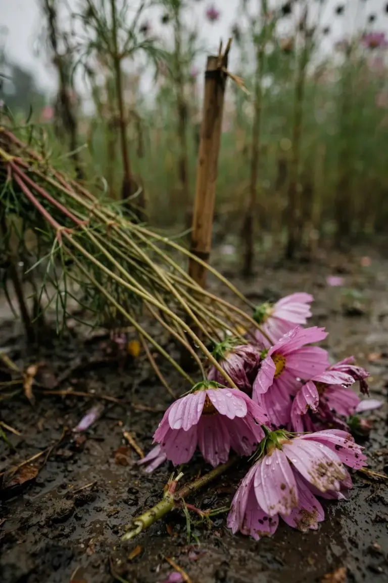 Tall cosmos stems flattened by heavy rain, one stake standing unused
