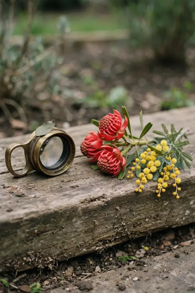 Hand lens resting beside a waratah sprig and a wattle head on a timber bench