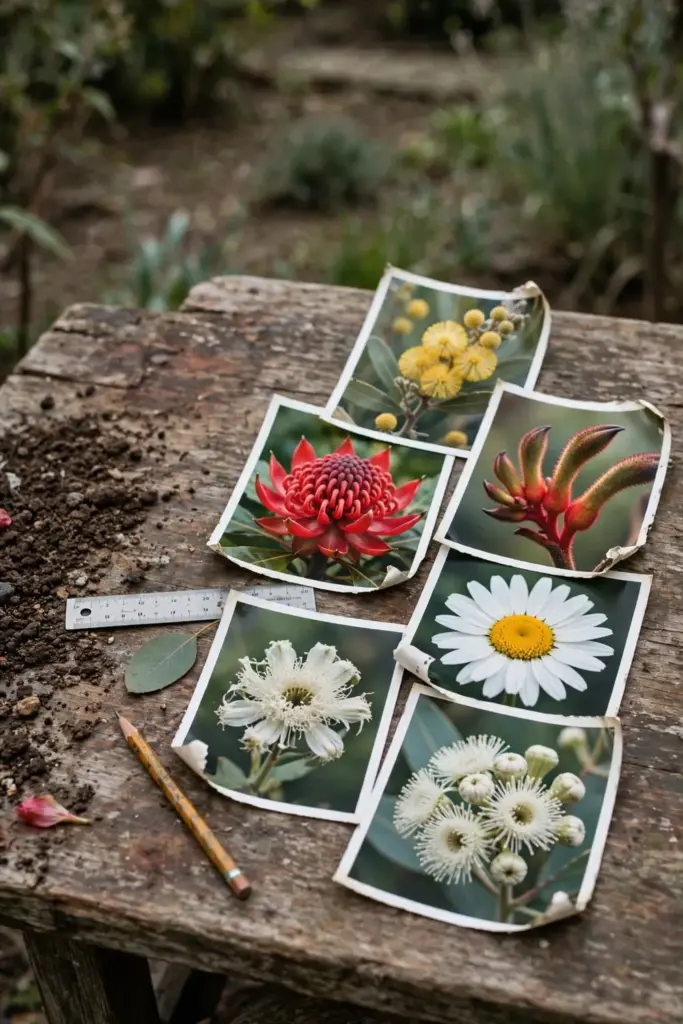 Five flower identification photos showing a wattle head, waratah, kangaroo paw, daisy, and gum blossom