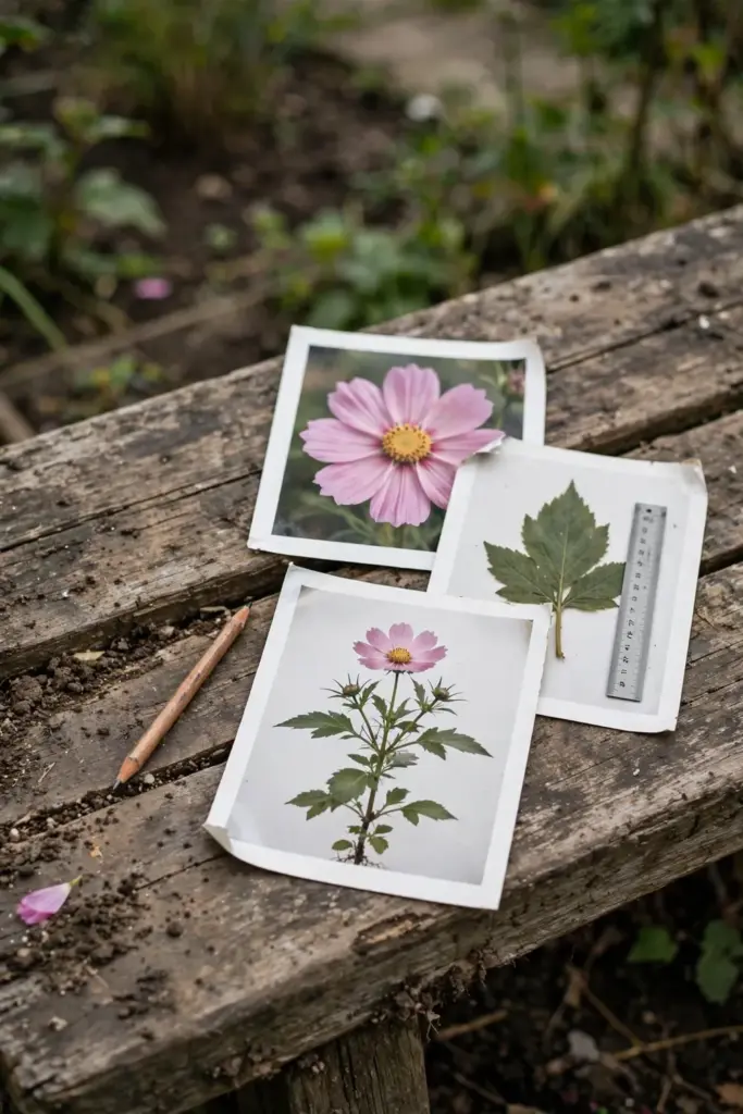 Three flower identification photos on a bench showing a flower, a leaf, and a whole plant