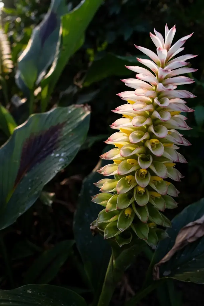 Cone flower spike with white-pink bracts rising above black turmeric leaves
