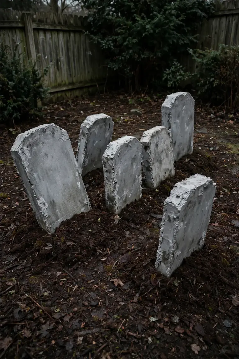 Homemade foam tombstones tilted at uneven angles in mulch in a side yard