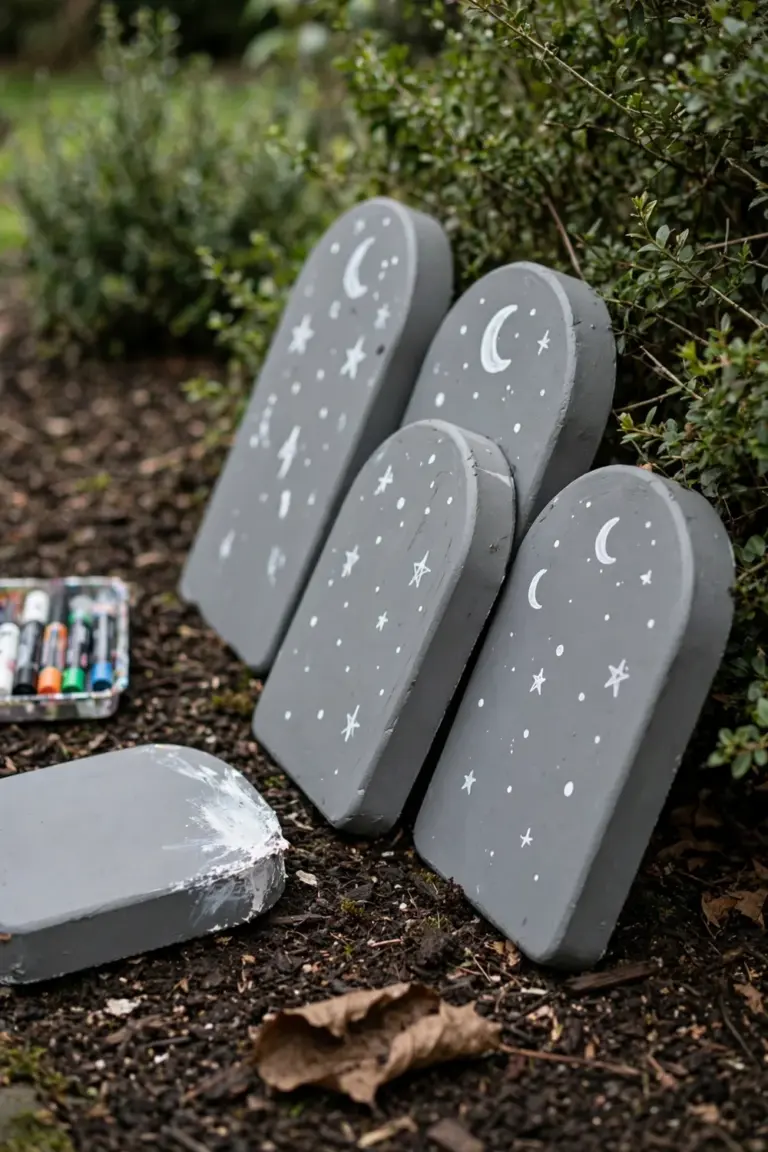 Grey foam tombstones with painted stars and moons leaning against a shrub in a mulched bed